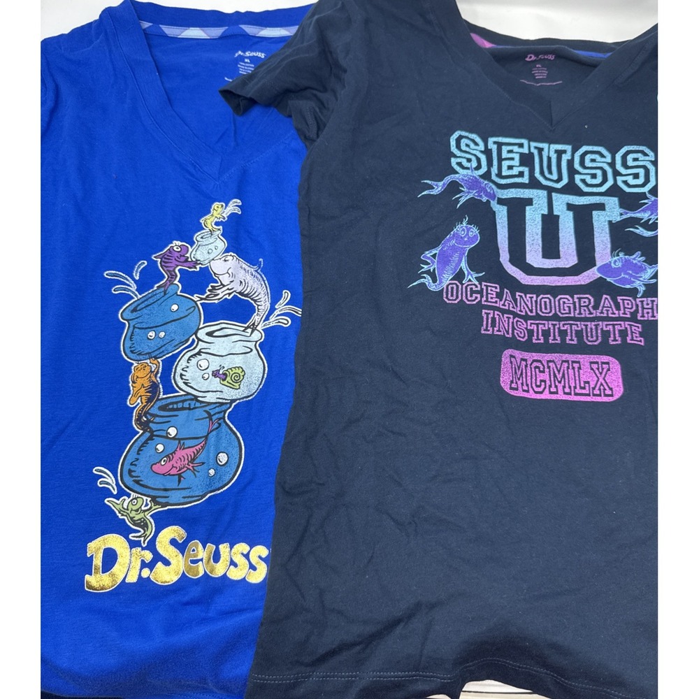 Dr. Seuss Graphic T-Shirt Mens XL Blue Navy One Fish Two Fish Seuss U 2 Pack NWT
